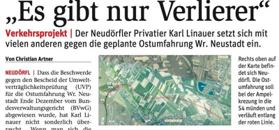 Karl Linauer setzt sich gegen die geplante Ost”umfahrung” <br>in Wiener Neustadt ein. <br>Die BVZ berichtet.