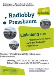 Dienstag, 28.01.2025, 1. Stammtisch<br>der Radlobby Pressbaum in 2025<br>Blitzwirt, Dürrwienstraße 27, 3021 Pressbaum