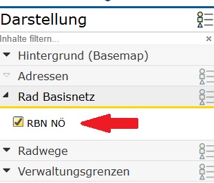 Das Häkchen "RBN NÖ" ankreuzen. Um die Routen in der Karte zu aktivieren.